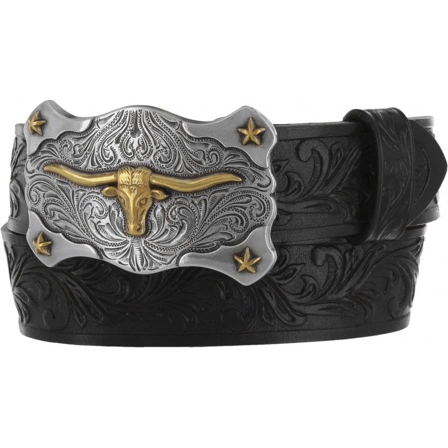 Tony Lama Little Texas kids' belt by Leegin, featuring a brown leather strap with decorative stitching and a metal buckle.
