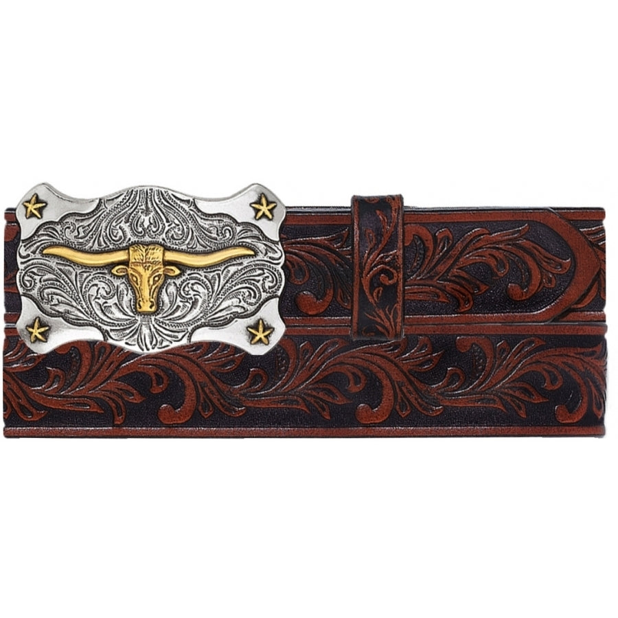 Tony Lama Little Texas kids' belt by Leegin, featuring a brown leather strap with decorative stitching and a silver buckle.