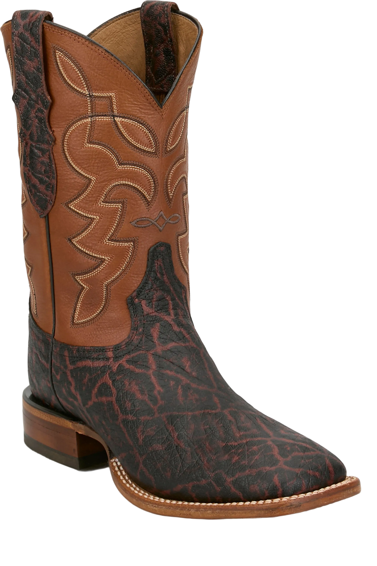 Tony Lama men's Maldor 11-inch elephant leather western boots in aged bark with classic Western stitching.