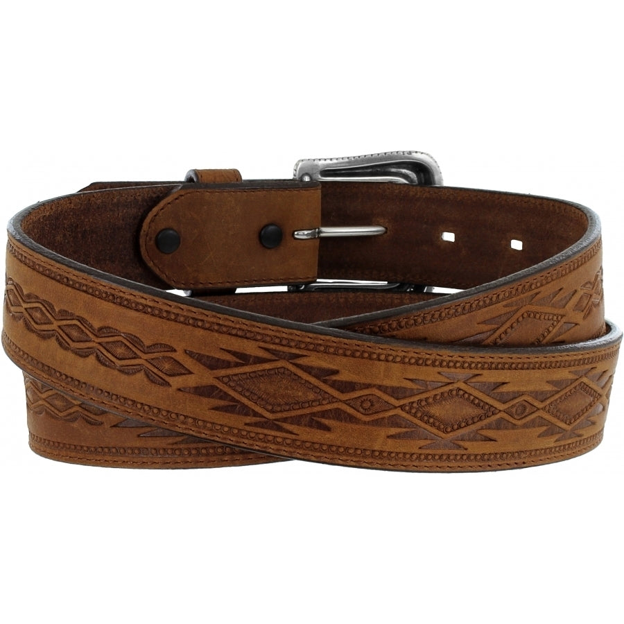 Tony Lama Navajo Blanket Tooled Belt by Leegin, featuring intricate tooled leather design and Navajo-inspired pattern.