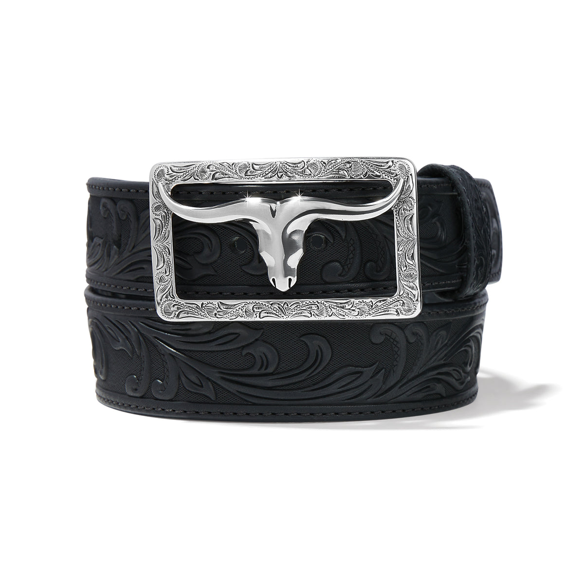 Leegin Tony Lama Stockyard belt in leather with detailed tooling and metal buckle, Western style men’s belt.