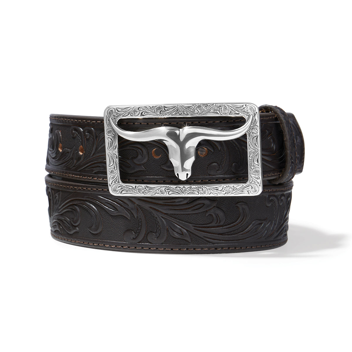 Leegin Tony Lama Stockyard belt in brown leather with decorative stitching and metal buckle, stylish Western belt for men.