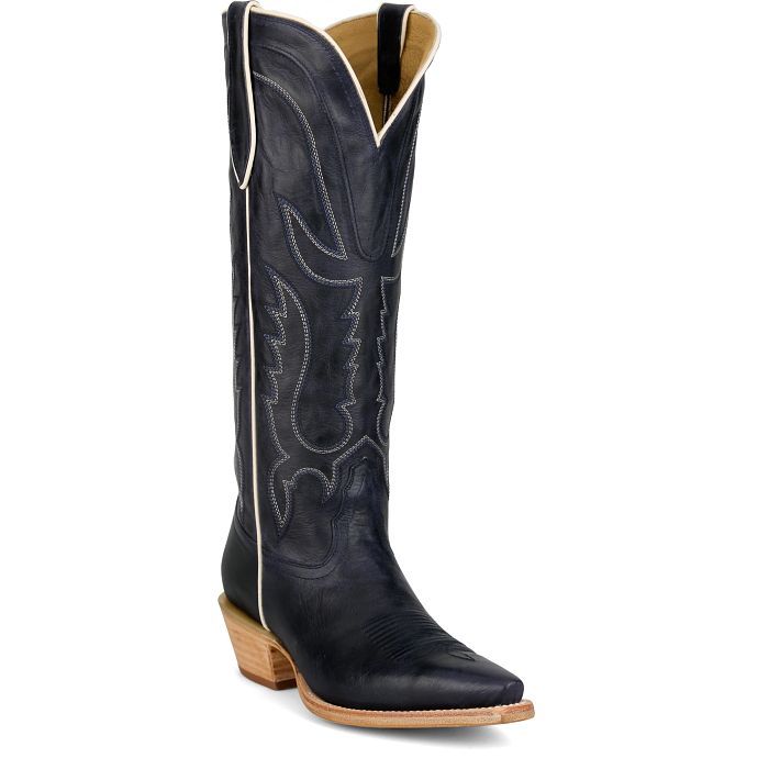 Tony Lama Women's Jess 15-inch Western Boot in blue with traditional stitching, leather construction, and pull tabs.