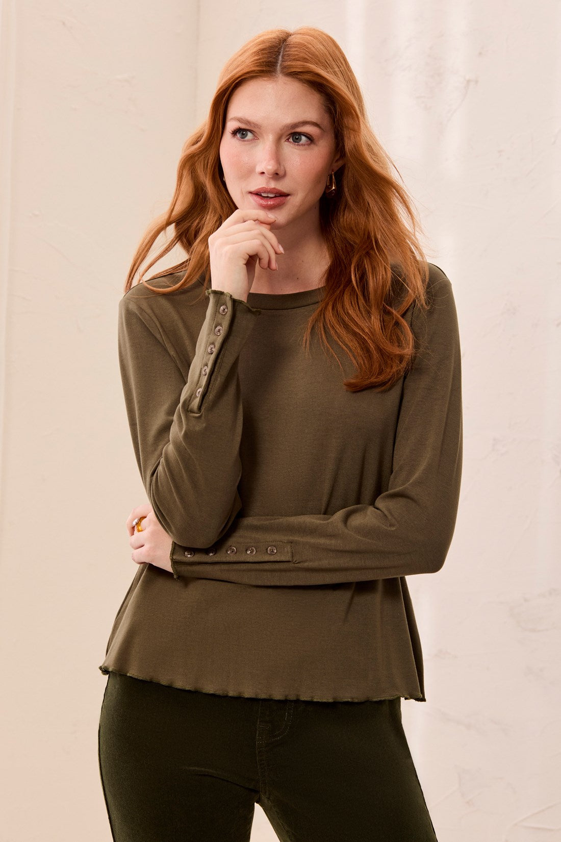 TRIBAL Women's Soft Viscose Long Sleeve Button Cuff Knit Top, Basil