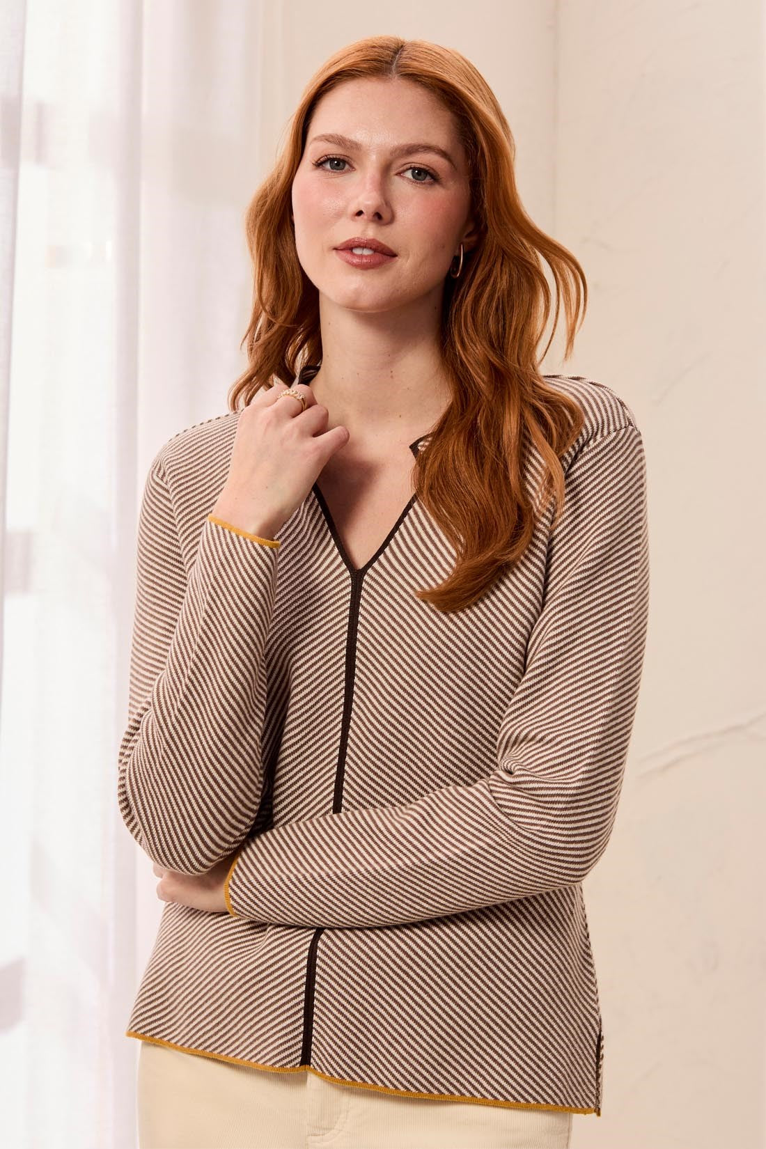TRIBAL Women's Textured Diagonal Stripe Split Neck Sweater, Oatmeal