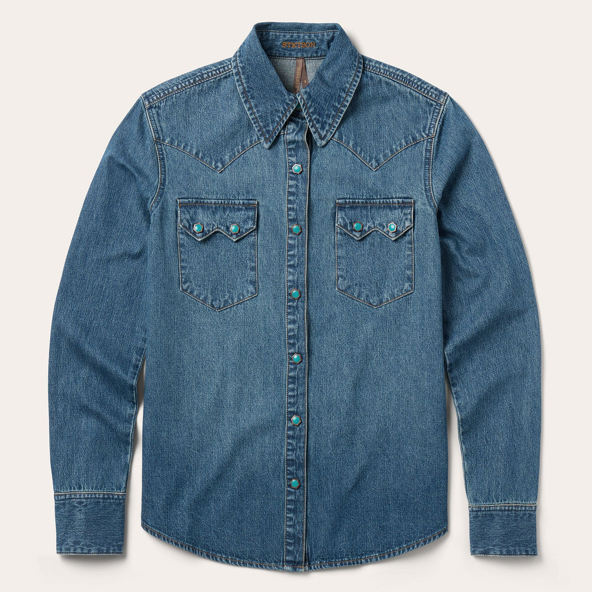 Stetson turquoise snap Western denim shirt with chest pockets and button details, casual Western style for men.