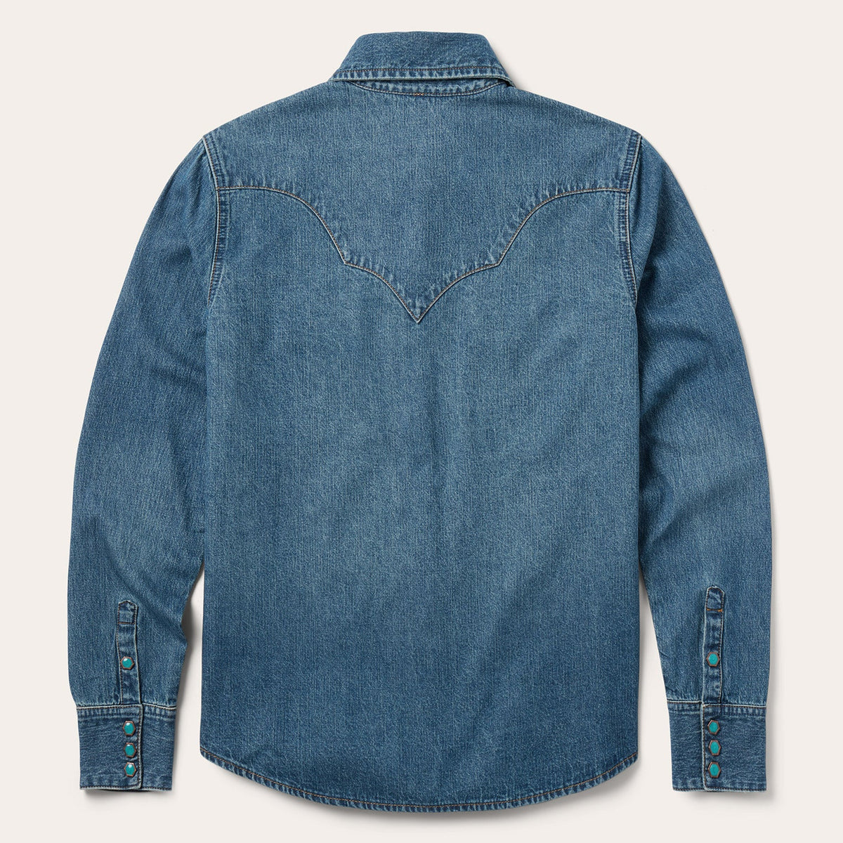 Stetson turquoise snap Western denim shirt with pointed collar and front chest pockets, casual style for Western-inspired look.