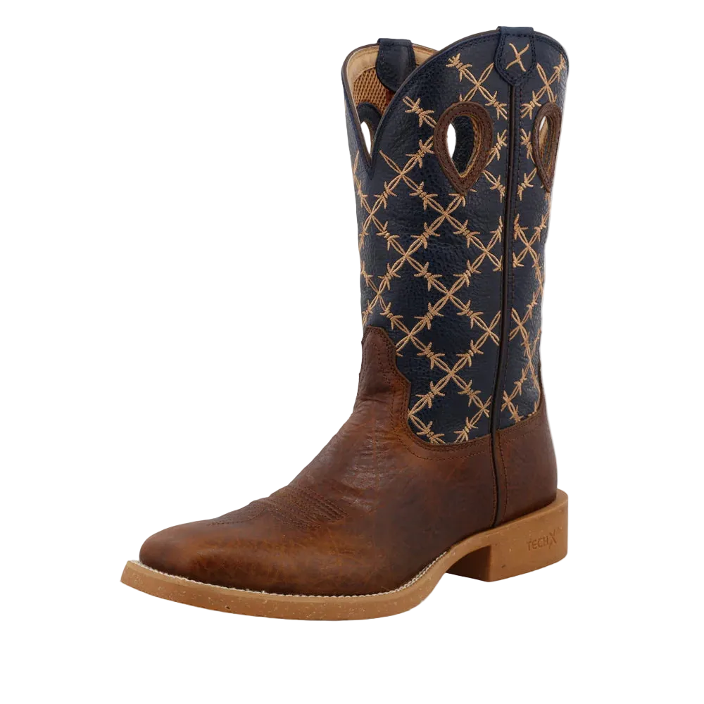 Twisted X men's 12-inch Tech X™ boots in rustic brown and navy leather, featuring durable stitching and classic Western style.
