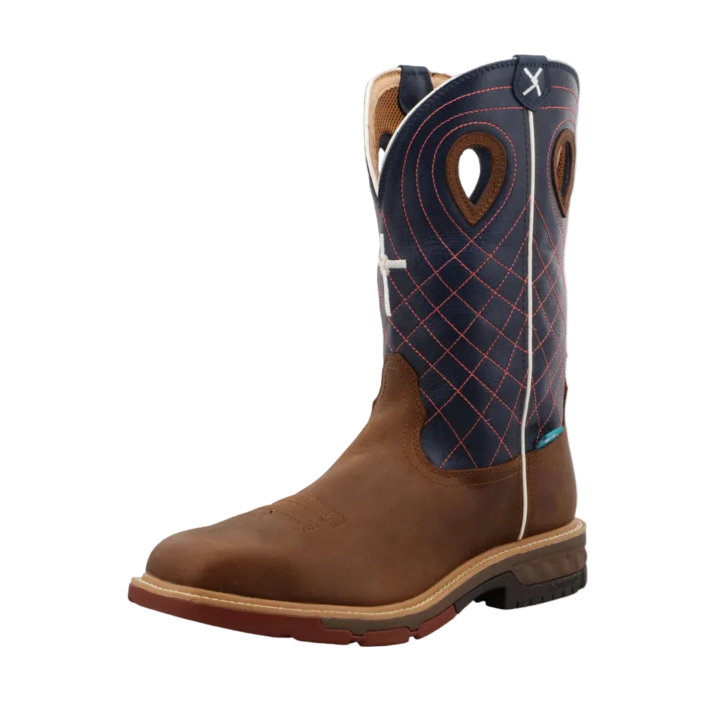 Twisted X Men's 12" Waterproof Alloy Toe Western Work Boot, Mocha & Navy – 3-4 front