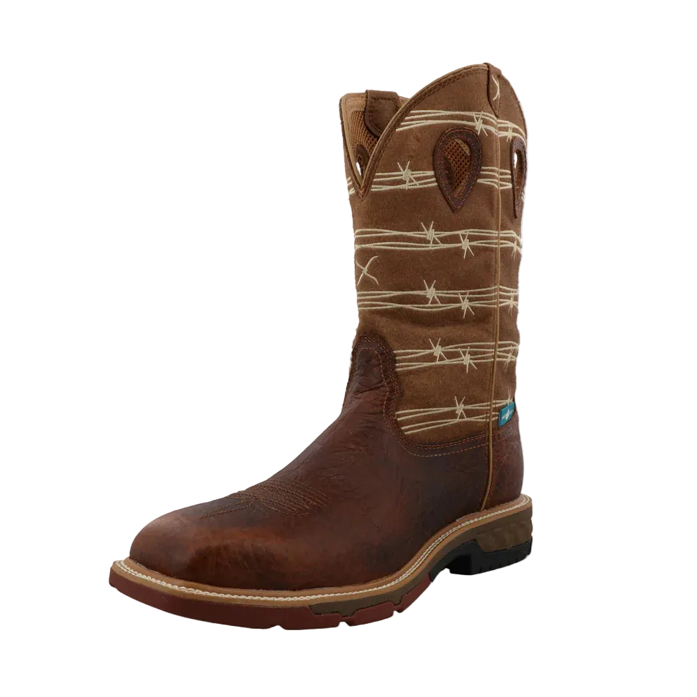 Twisted X Men's 12" Waterproof Alloy Toe Western Work Boot, Rustic Brown & Lion Tan – 3-4 front