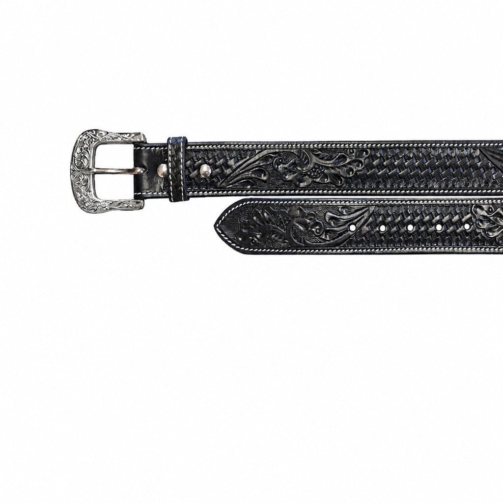 Detail of the tooled tabs and stitched edge on the Twisted X black leather belt