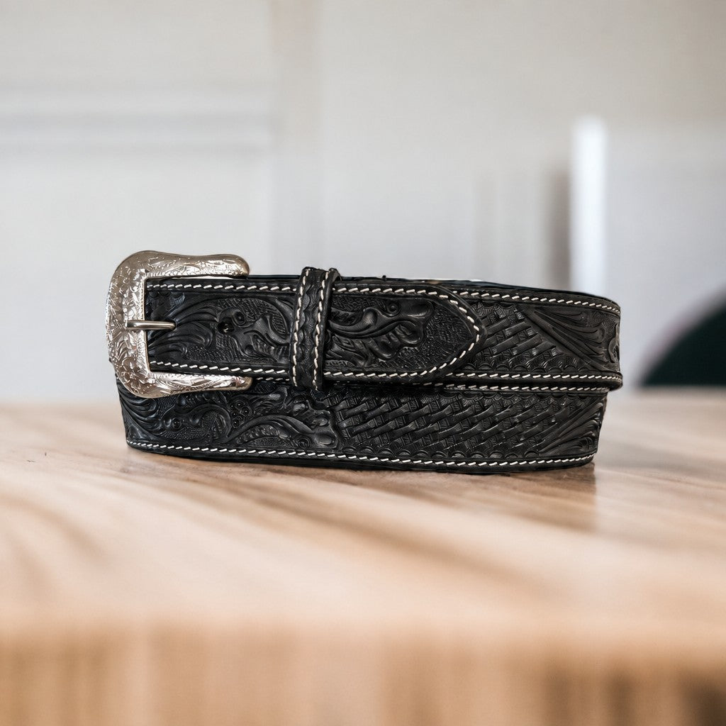 Twisted X men's black embossed leather western belt with antique silver buckle