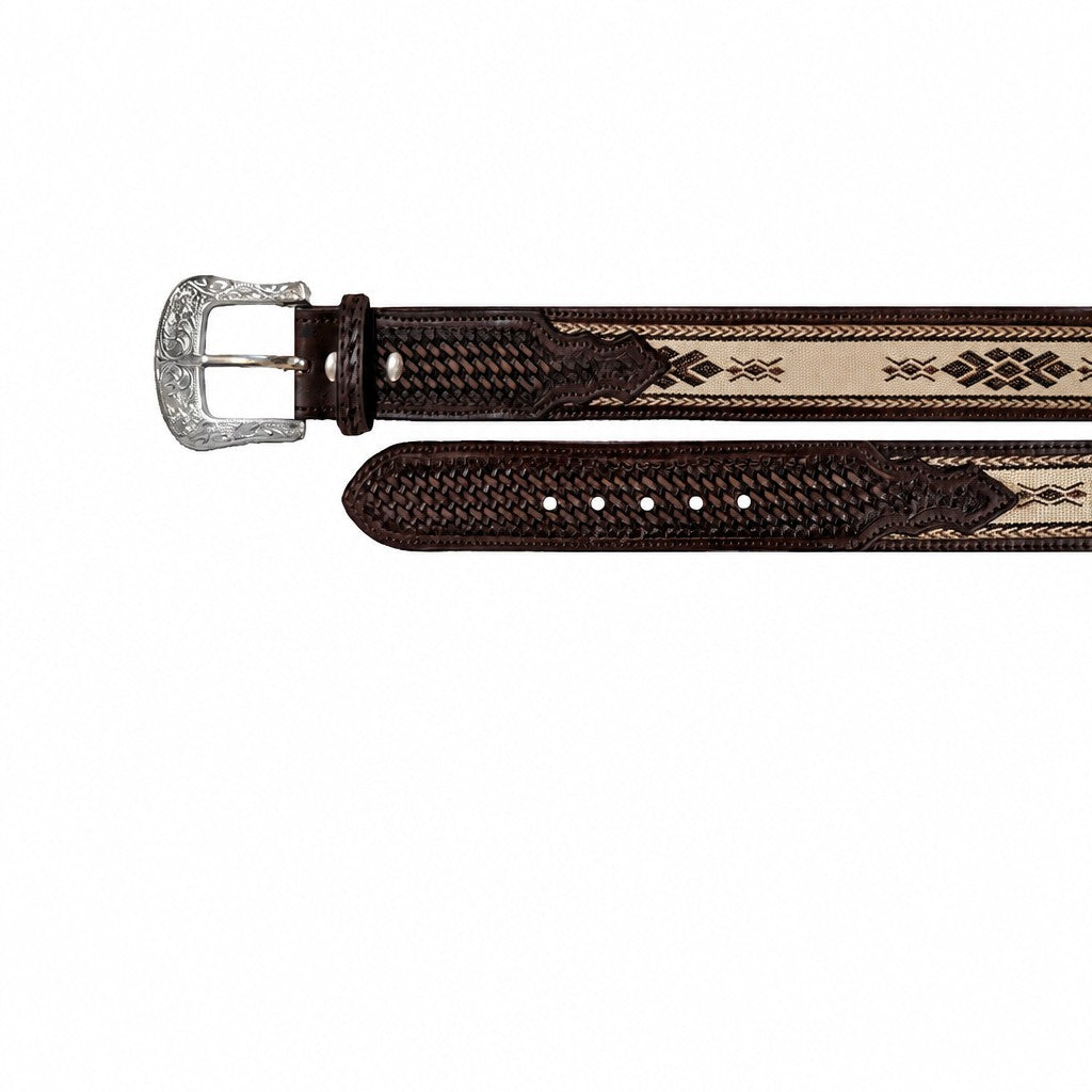 Detail of the round silver conchos and studded black and white hide inlay on the Twisted X black leather belt