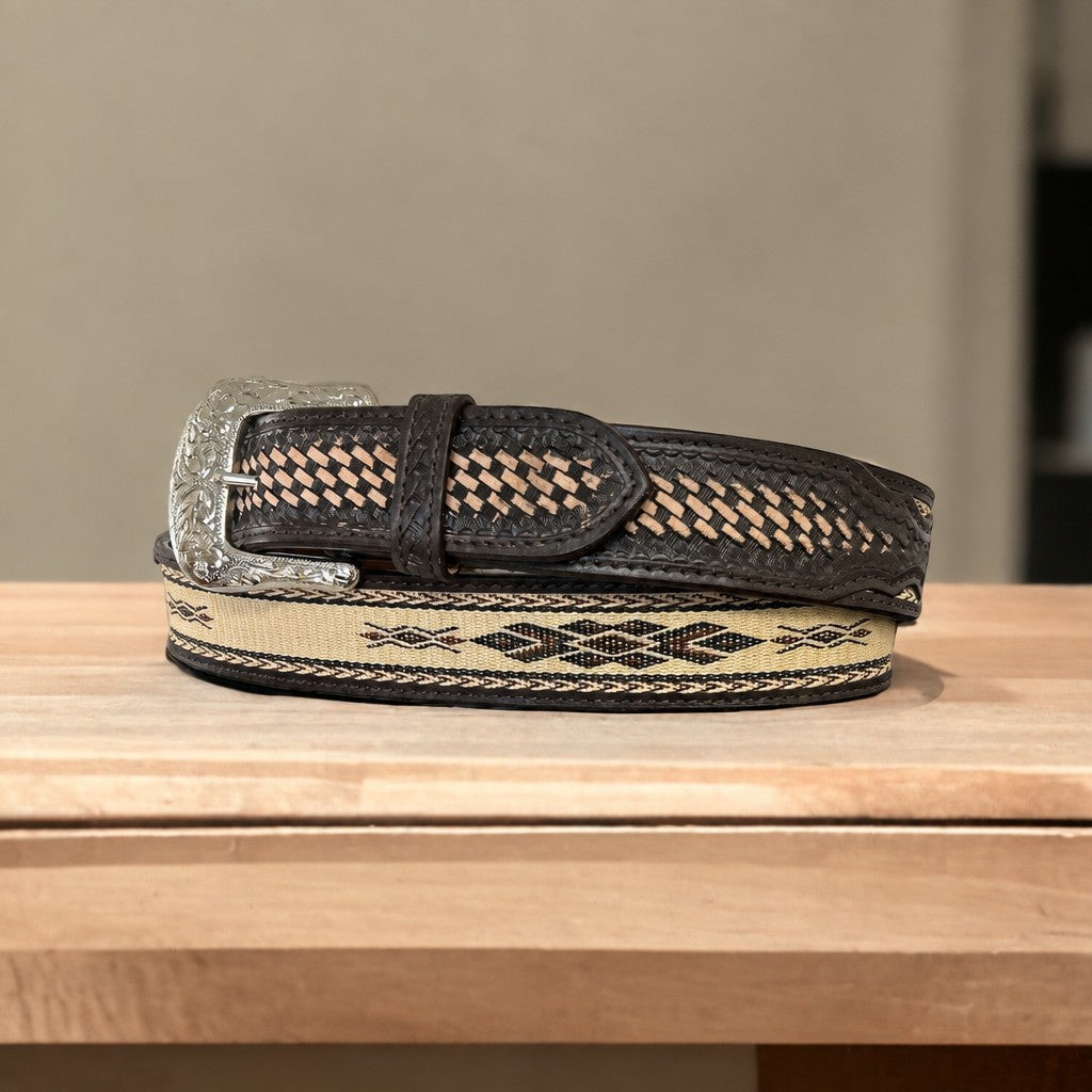 Twisted X men's black leather belt with black and white hair-on hide inlay, silver studs and round conchos