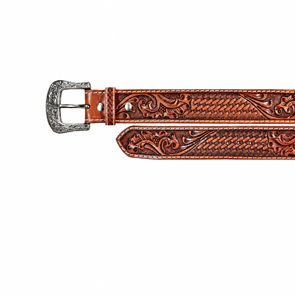Close view of the stitched edge and carved floral tooling on the Twisted X brown leather western belt strap