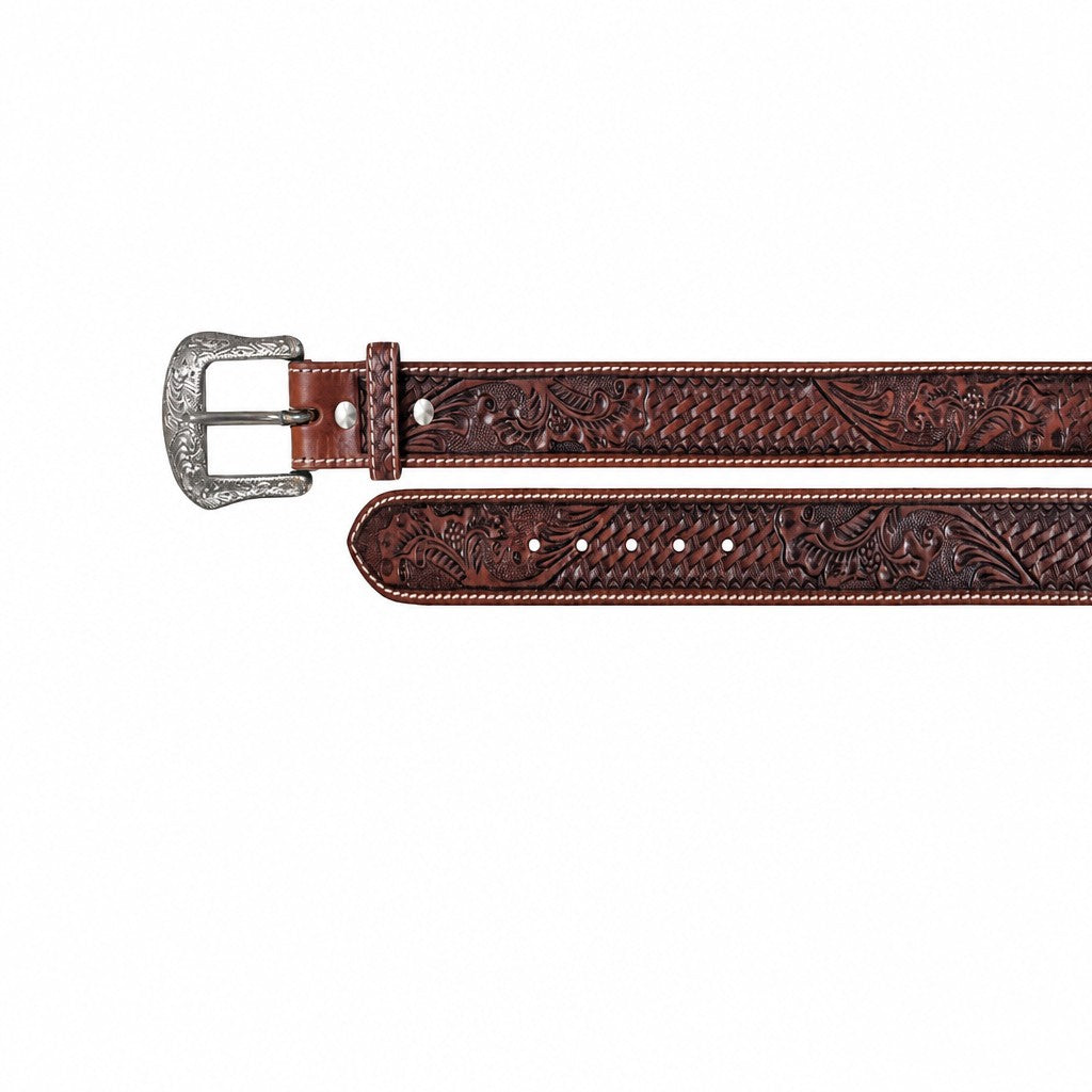 Detail of the carved floral pattern on the burgundy Twisted X tooled leather belt strap