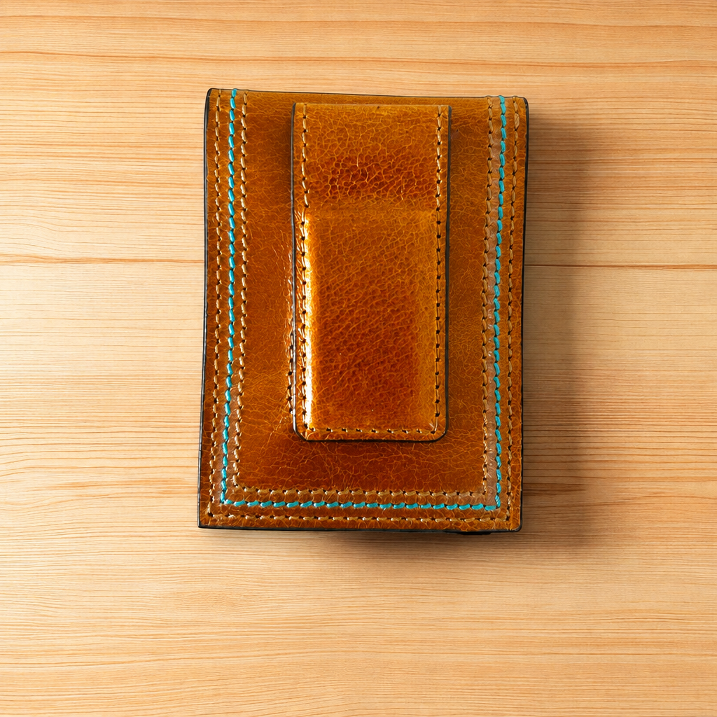 Twisted X tan leather money clip card holder with a leather covered money clip and turquoise stitching