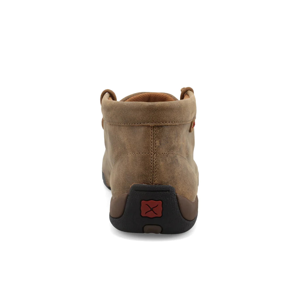 Twisted X men's Chukka driving moc in bomber style, featuring leather upper and slip-on design for casual wear.