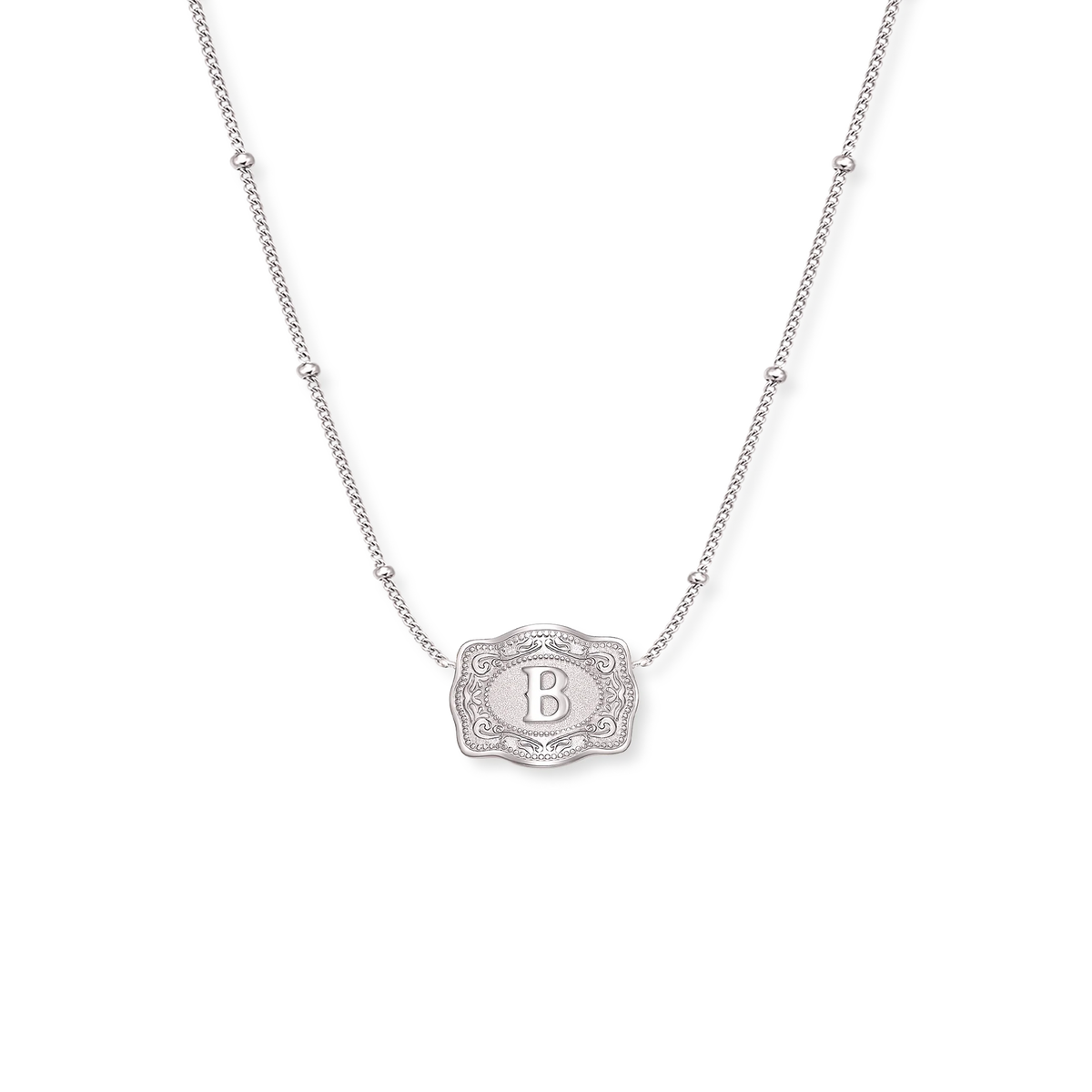SpurWest Ultra Mini Belt Buckle Necklace with the initial B on a silver buckle pendant and silver beaded chain