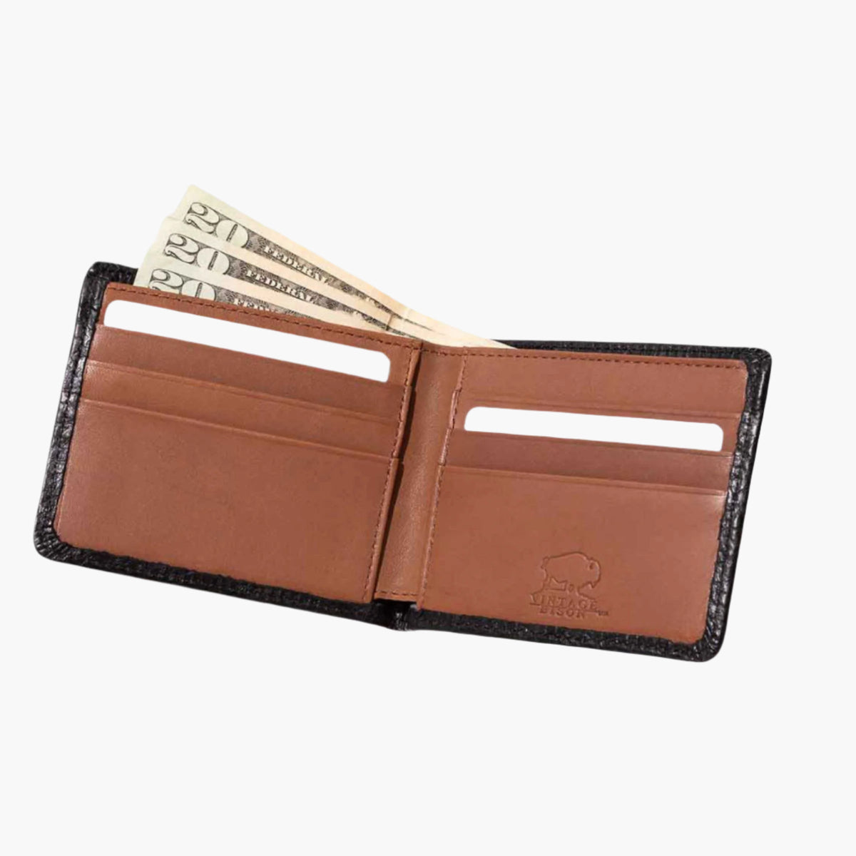 Lejon Belts vintage bison leather bi-fold black wallet with multiple card slots and a sleek design.