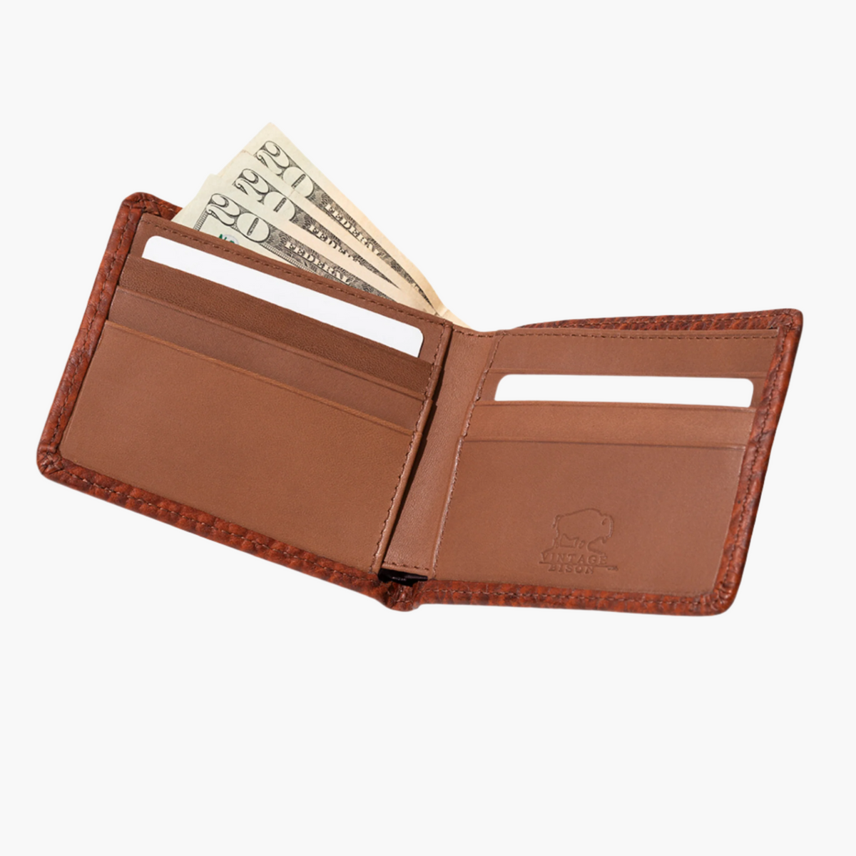 Lejon Belts vintage bison leather bi-fold peanut wallet, featuring classic design and durable craftsmanship.