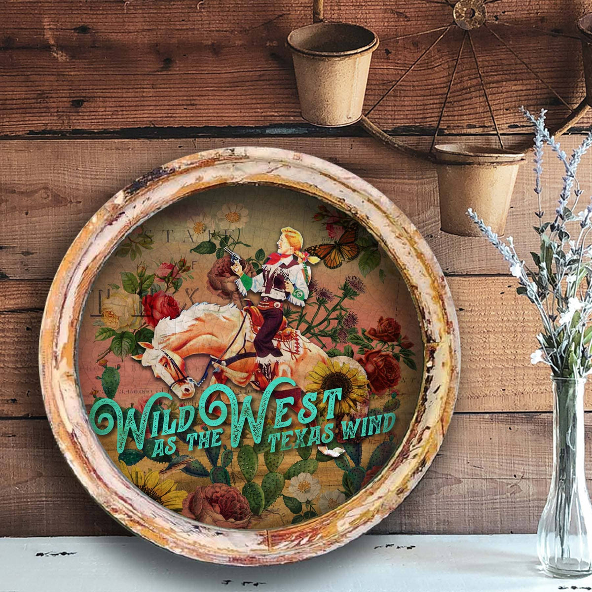 Small 14-inch TroubleMaker Trading Company Wild West Texas Wind Cowgirl circle artwork featuring a western-themed cowgirl illustration.
