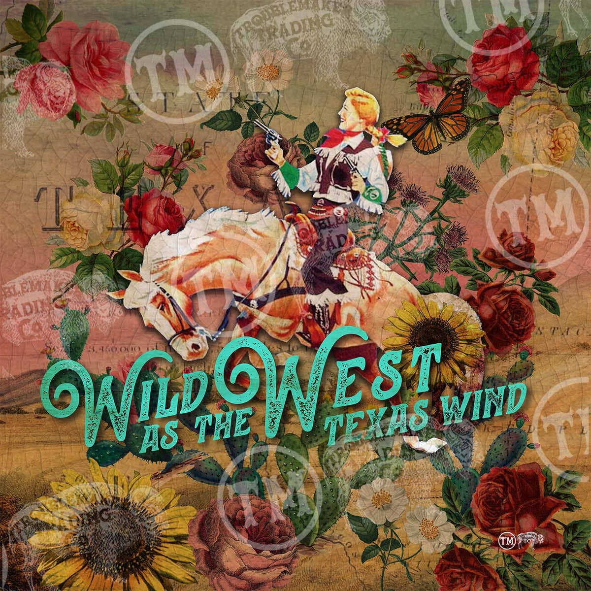 Small 14-inch circle artwork of a Wild West Texas Wind cowgirl by TroubleMaker Trading Company.