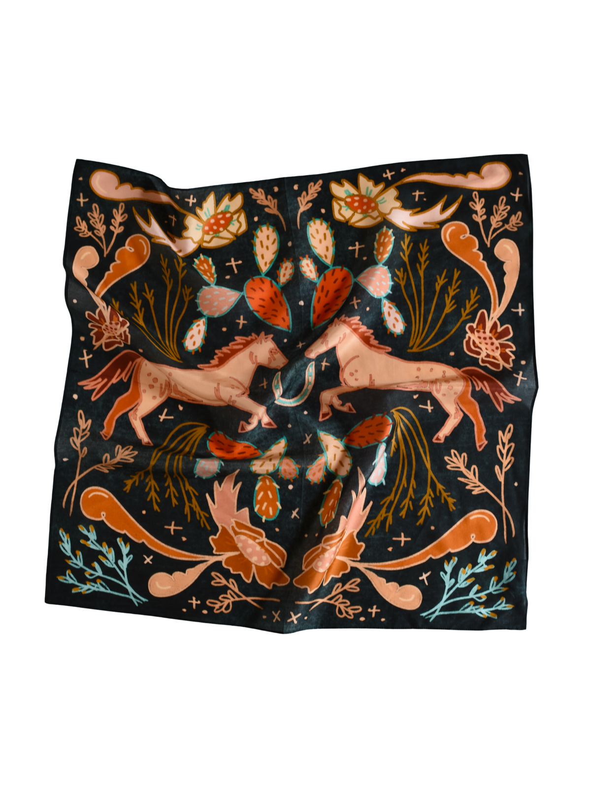 Tirzah Lane Art Wild Horse Prairies denim cowgirl wild rag, silk Tencel western scarf bandana with horse prairie design.