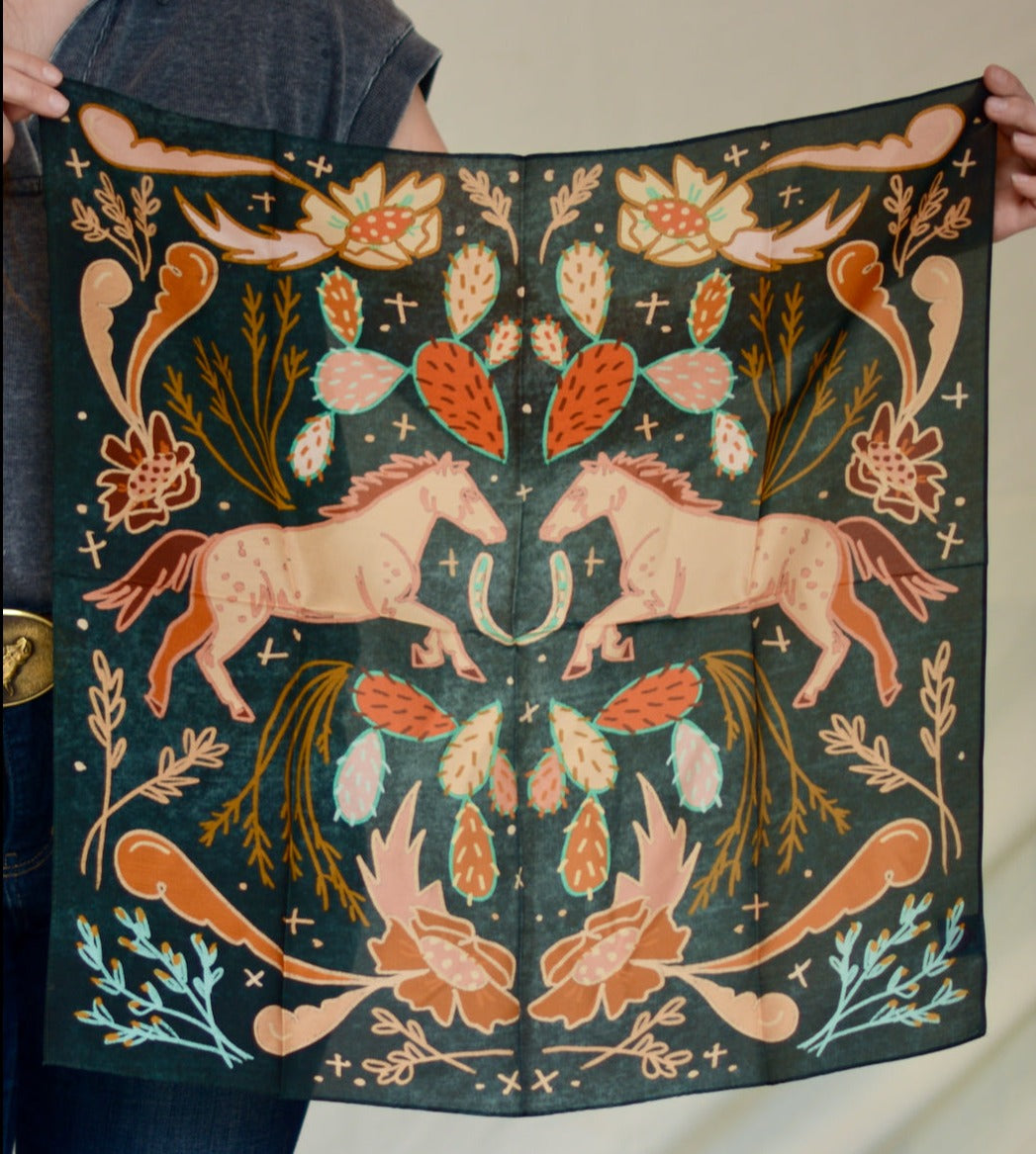 Tirzah Lane Art Wild Horse Prairies denim cowgirl wild rag, Western silk Tencel scarf with horse and prairie design.