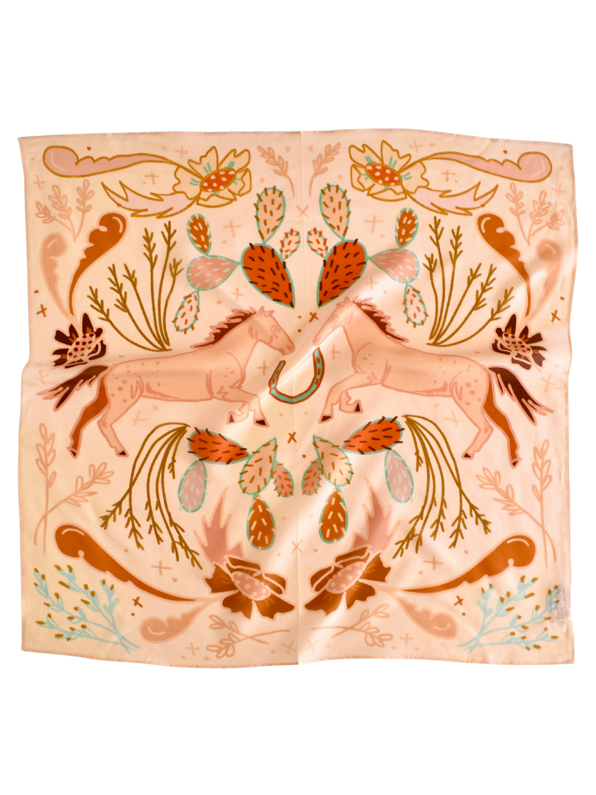 Tirzah Lane Art wild horse prairies in peach cowgirl wild rag, a silk Tencel western scarf bandana accessory with horse and prairie design.