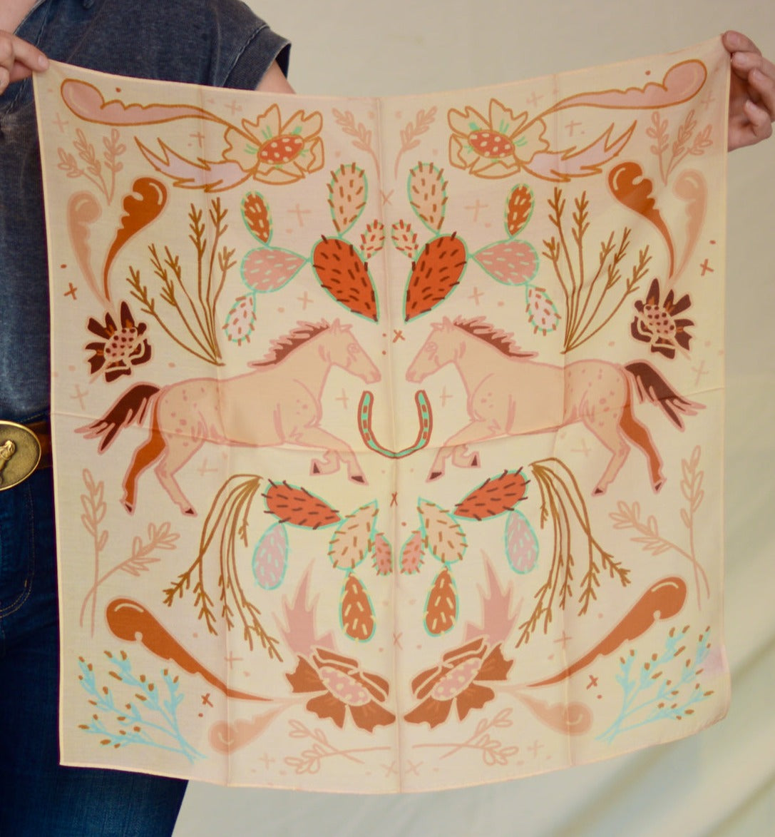 Tirzah Lane Art wild horse prairie wild rag in peach, a silk Tencel cowgirl bandana-style western scarf accessory.