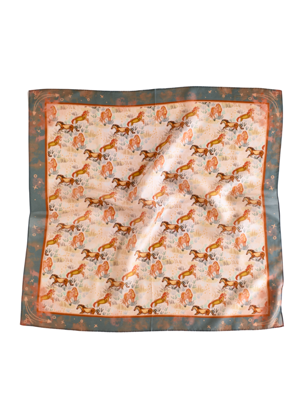 Tirzah Lane Art silk scarf featuring wild horses running through a meadow with vibrant, detailed horse and nature illustrations.
