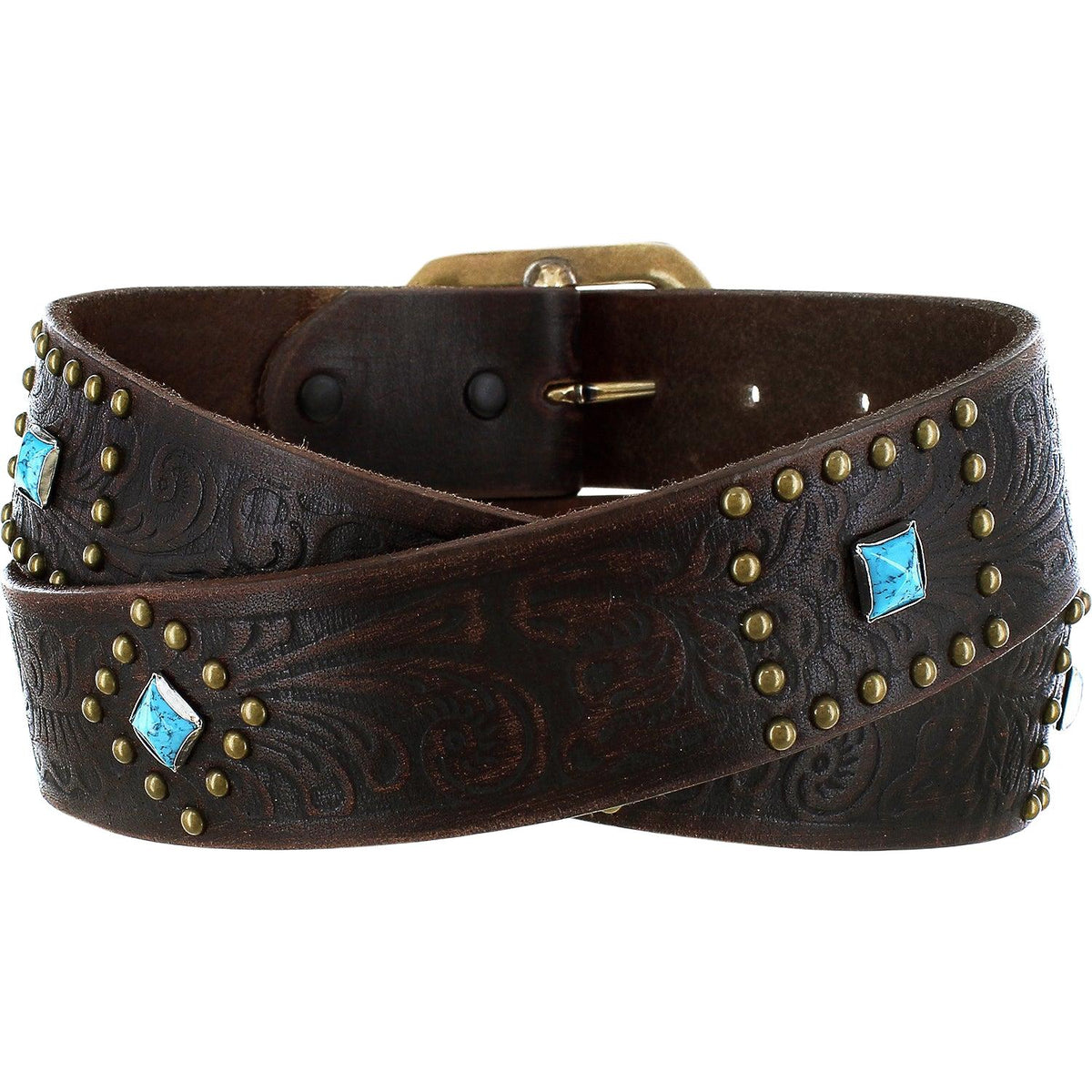 Women's Justin Frisco Creek belt by Leegin, casual leather belt with rustic buckle, styled on a woman against a neutral background.