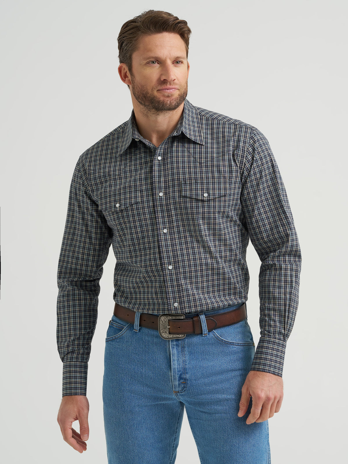 Wrangler Men's Shirt, Gray Check – front