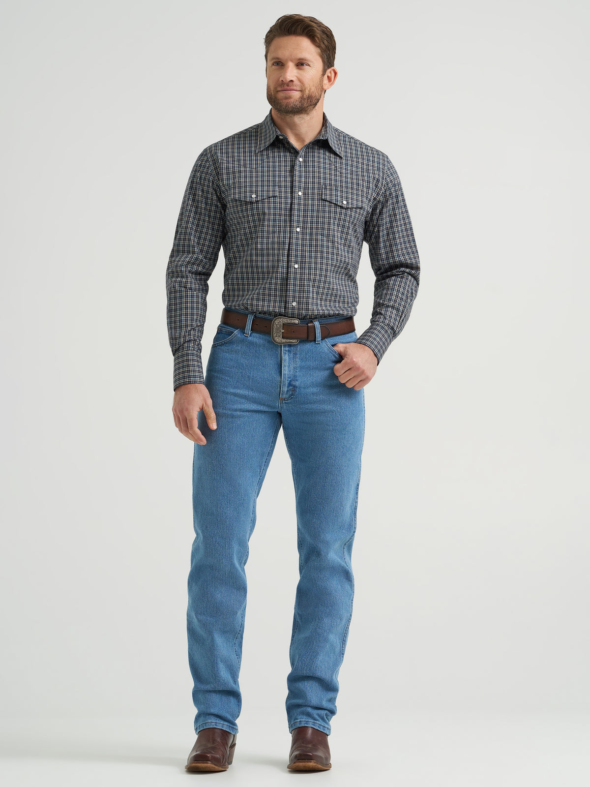 Wrangler Men's Shirt, Gray Check – full length