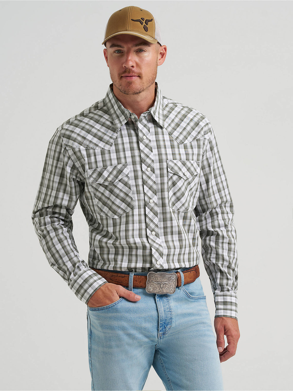 Wrangler 20X Men's Competition Advanced Comfort Long Sleeve Shirt, Green Plaid – front