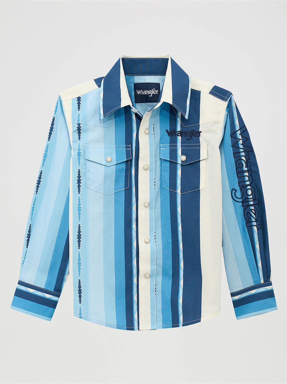 Wrangler Boys Logo Long Sleeve Snap Shirt, Blue Aztec Stripe – front