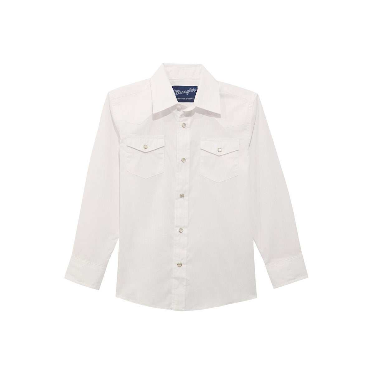 White Wrangler boys' long sleeve dress western snap shirt, featuring solid color and traditional western style.