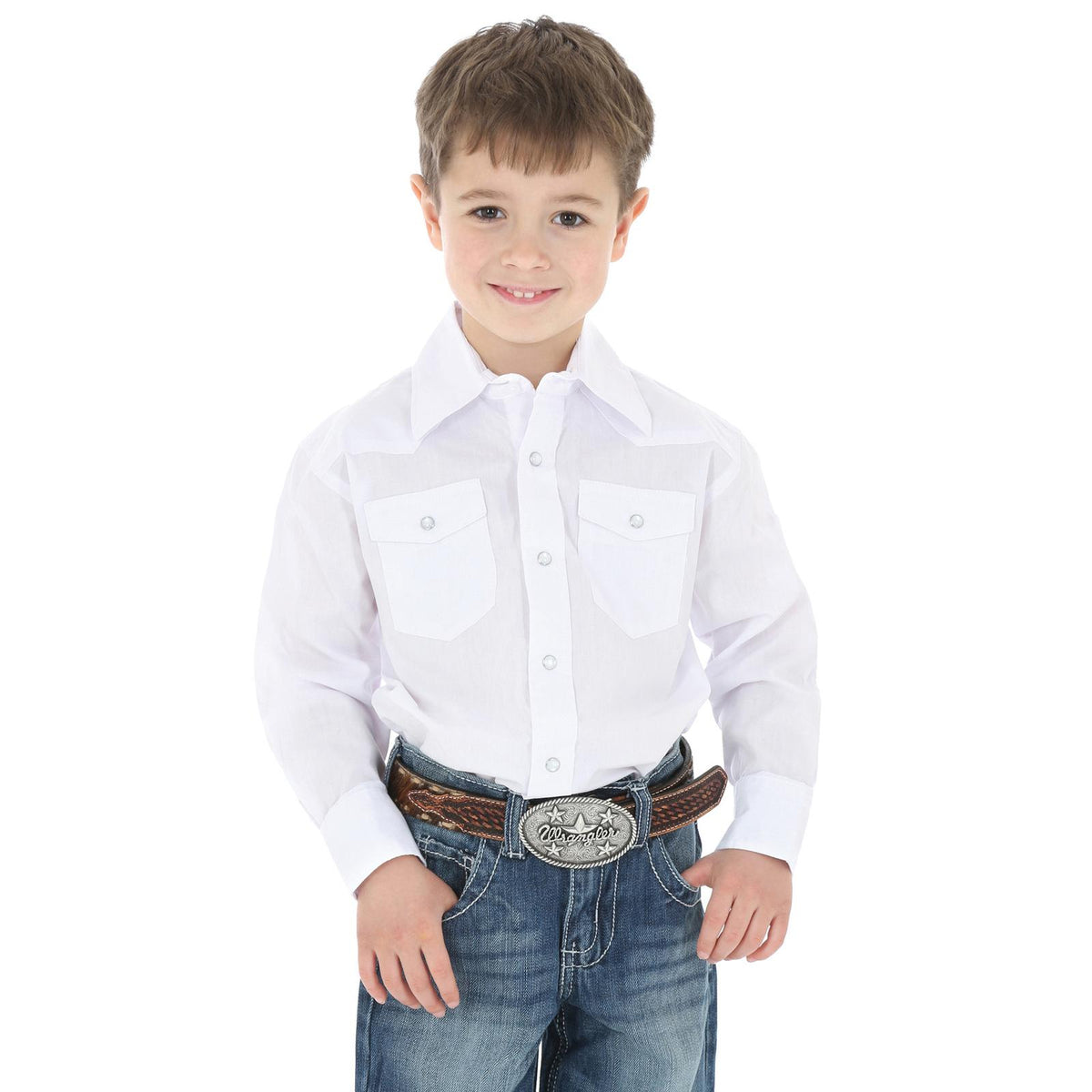 White Wrangler boys' long sleeve western dress shirt with snap buttons and solid design, perfect for casual or dressy occasions.