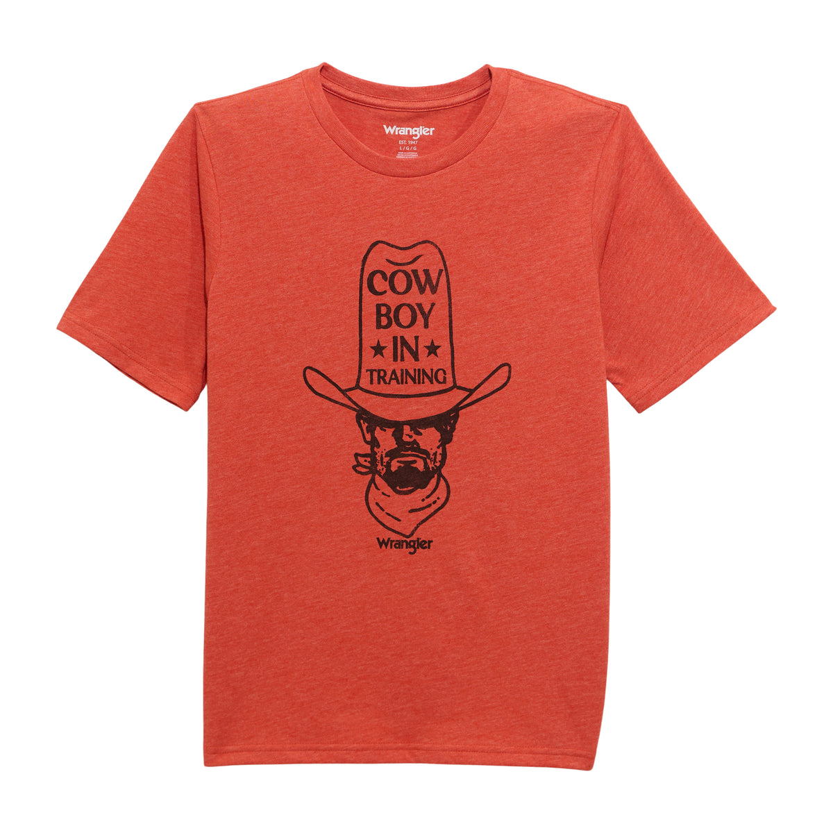 Wrangler Boys' short sleeve graphic T-shirt in training red with colorful printed design on front.