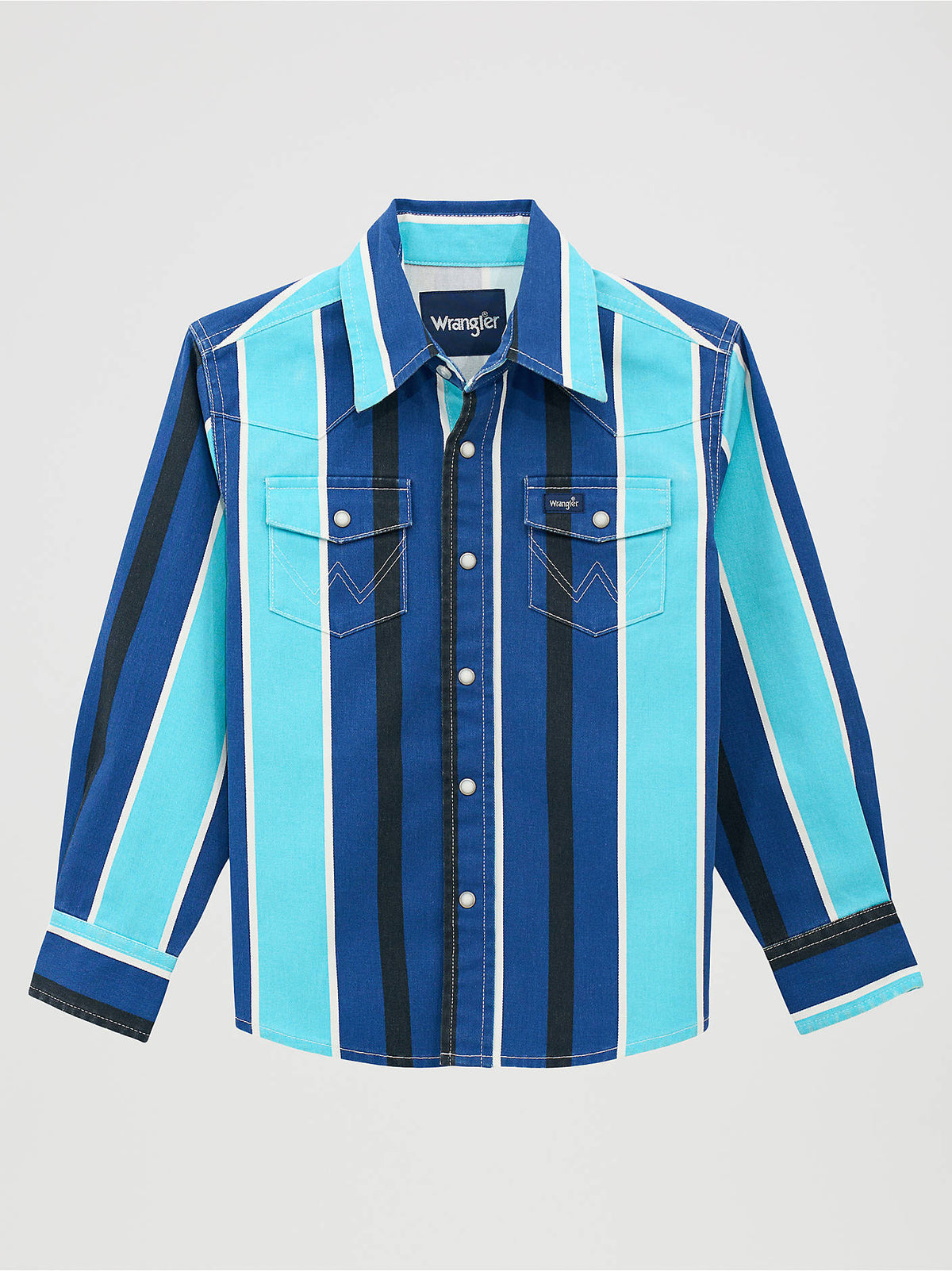 Wrangler Boys Vintage Inspired Brushpopper Long Sleeve Snap Shirt, Blue Multi Stripe – front