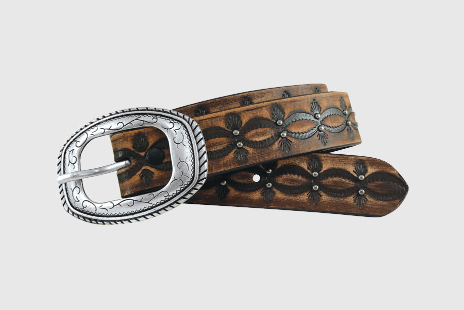 Wrangler Girls' Embossed Studded Belt, Brown – front