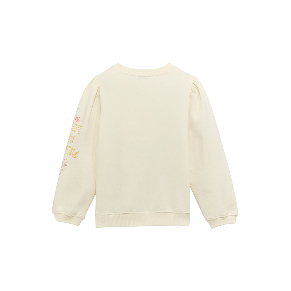 Wrangler Girls' graphic puff sleeve sweatshirt featuring colorful print and cozy fabric, designed for comfortable casual wear.