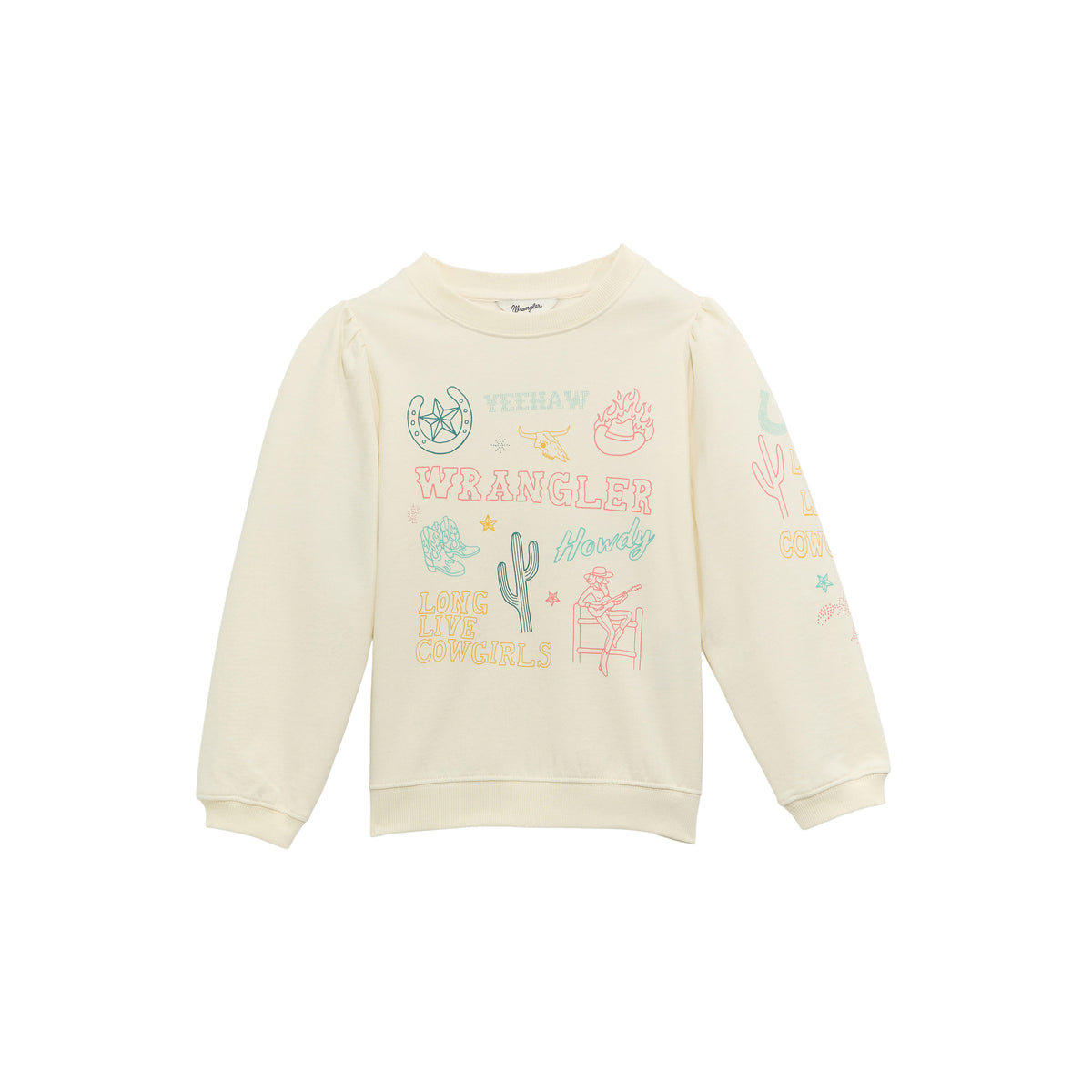 Wrangler Girls' graphic puff sleeve sweatshirt in soft fabric with colorful printed design and puffed long sleeves.