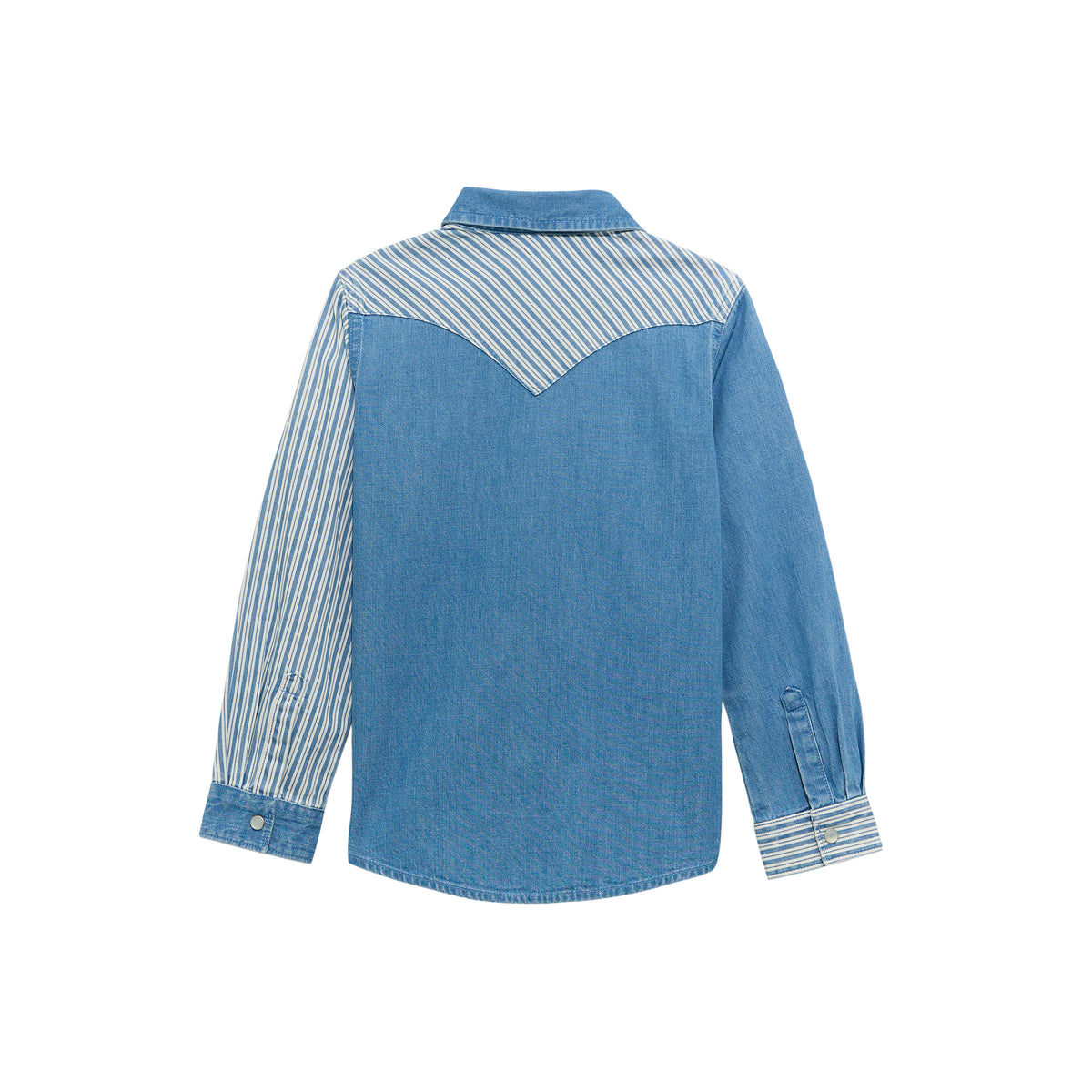 Wrangler Girls' patchwork denim snap shirt with denim stripe pattern, featuring button closure and classic denim style.