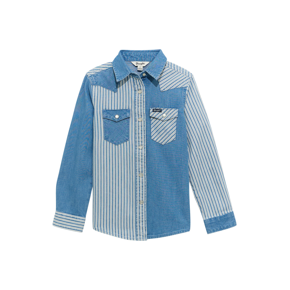 Wrangler girls' patchwork denim snap shirt with denim stripe pattern, casual long-sleeve shirt for kids.