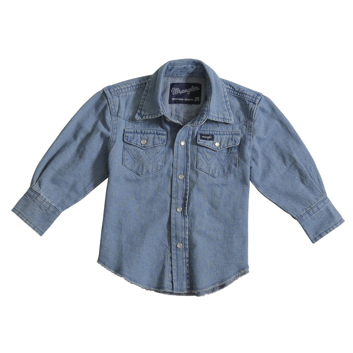 Wrangler Kids navy stonewashed denim long sleeve snap shirt with solid design and button closure, suitable for casual wear.