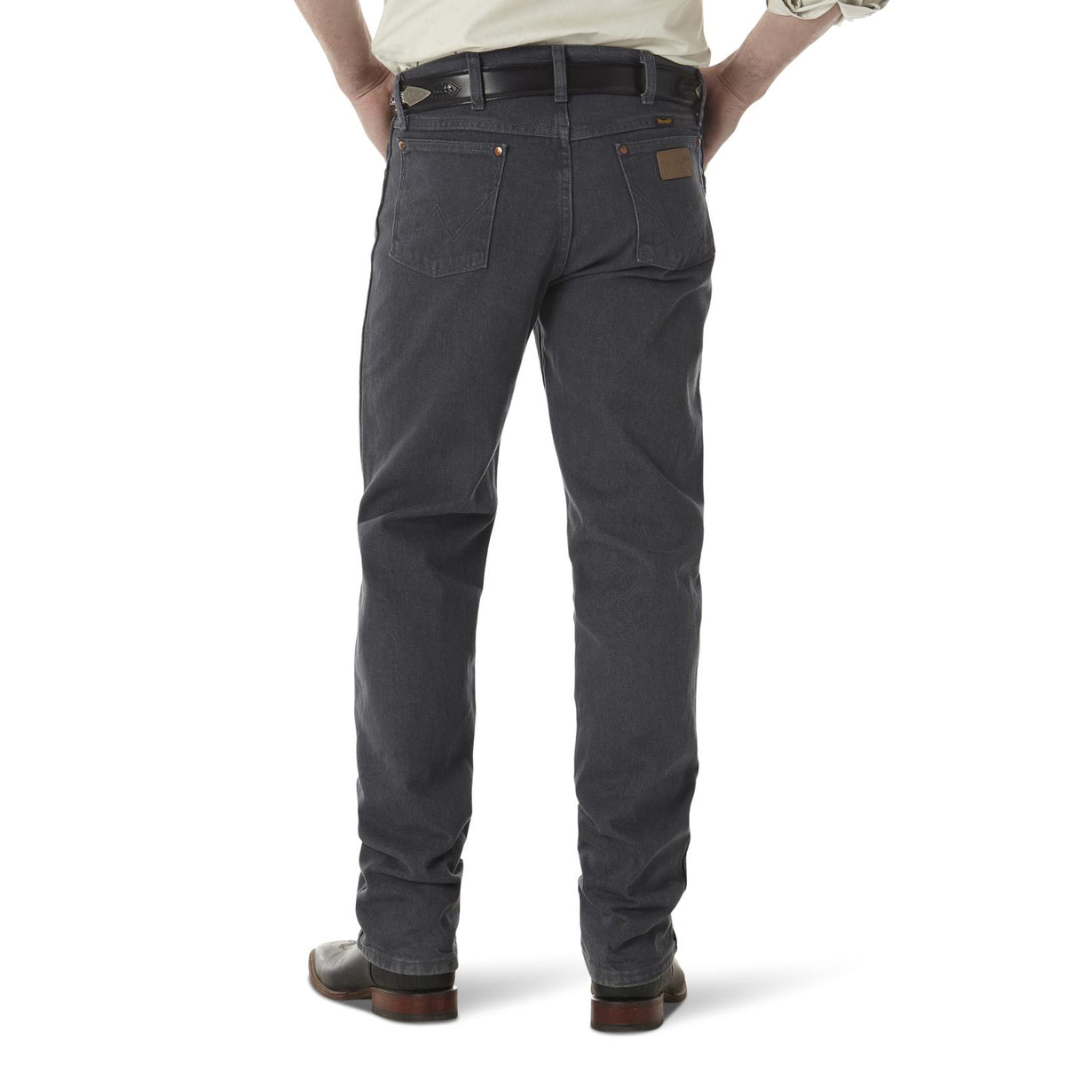Wrangler Men's Cowboy Cut Original Fit jeans in charcoal gray, showcasing classic denim with a relaxed fit and sturdy construction.