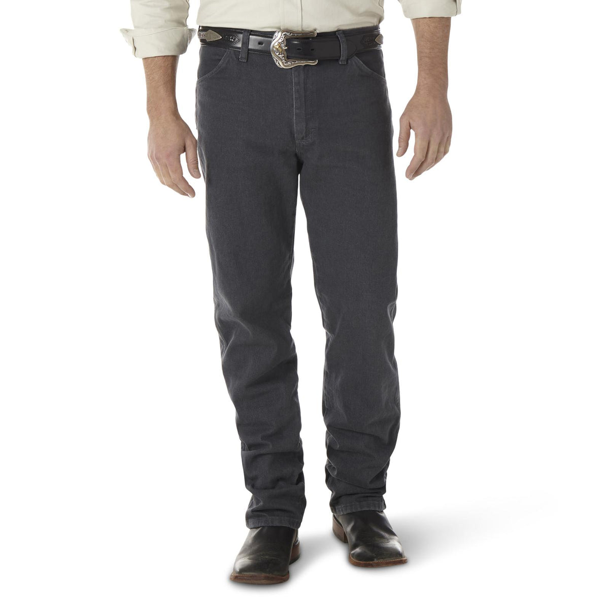 Wrangler Men's Cowboy Cut Original Fit jeans in prewashed indigo, shown in charcoal gray with classic denim texture.