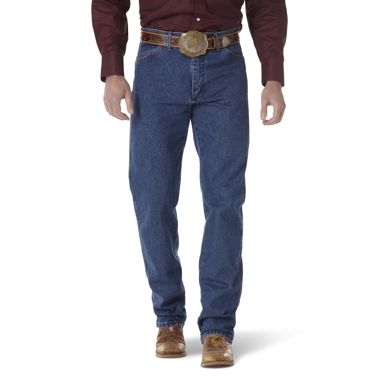 Wrangler Men's Cowboy Cut Original Fit jeans in prewashed indigo with stonewash finish, featuring classic denim styling.
